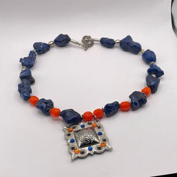 Blue Sodalite Orange Glass Beaded Necklace Silvertone Metal Rhinestone Medalion - Picture 6 of 9